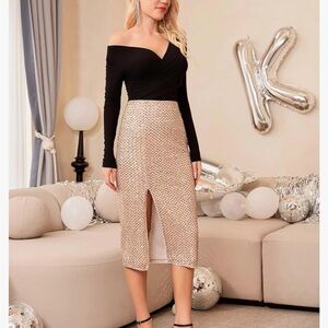 Sparkly Sequin Skirt with Slit High Waisted Bodycon Pencil Skirt Party